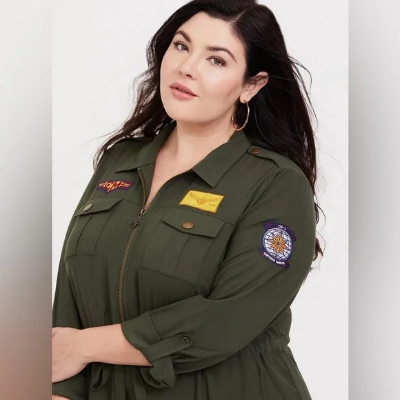 Her Universe Captain Marvel Olive Patchwork Shirt Dress NWT Size L 12 - Picture 7 of 15